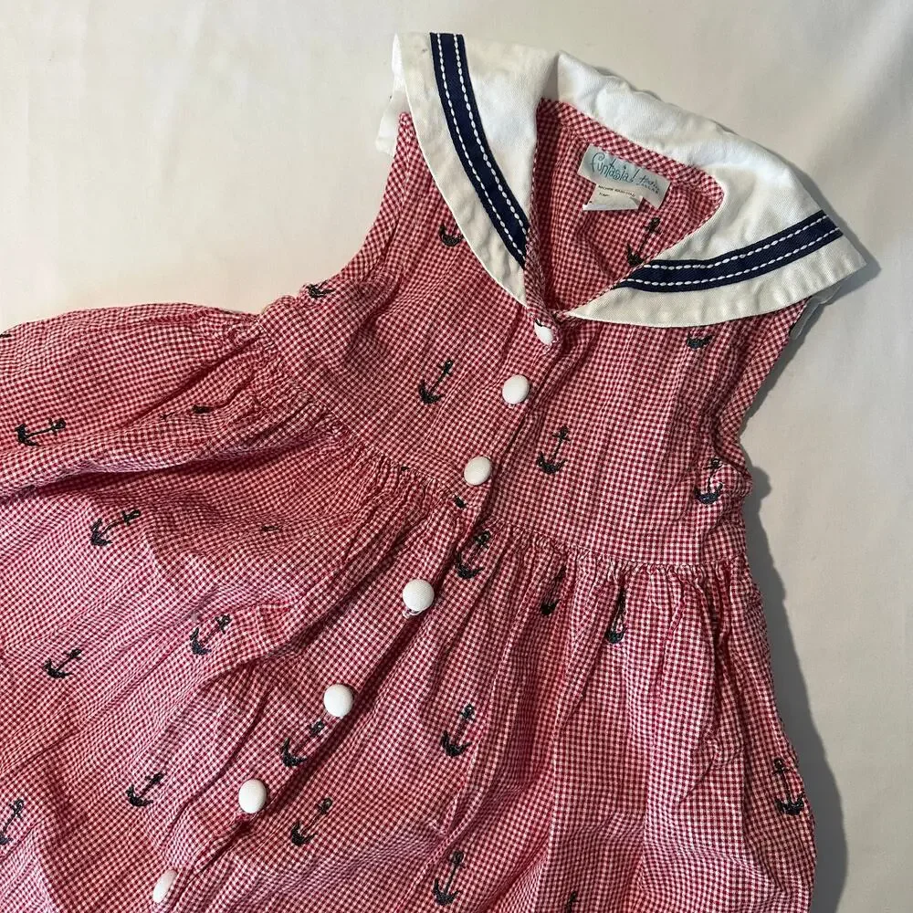 Vintage 90s Funtasia! Too Dallas Embroidered Red Gingham Anchor Sailor Dress S 4